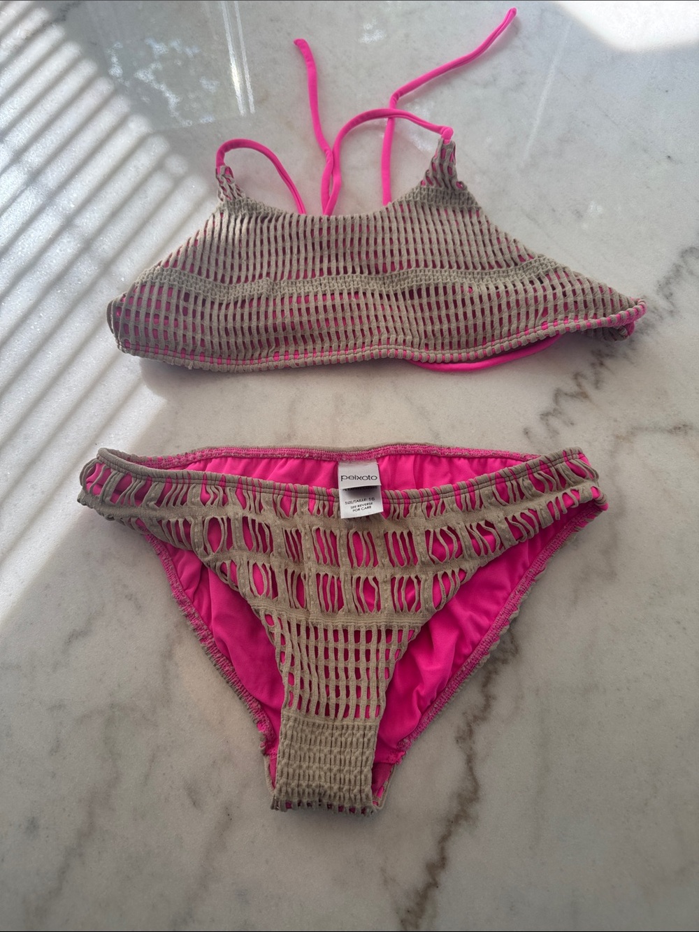 Peixoto Beige Crochet Bikini with Hot Pink Lining